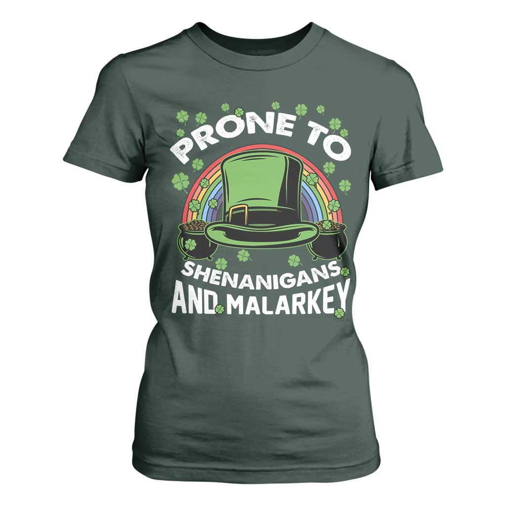 Funny St Patricks Day T Shirt For Women Prone To Shenanigans And Malarkey Leprechaun Hat Rainbow TS02 Dark Forest Green Print Your Wear