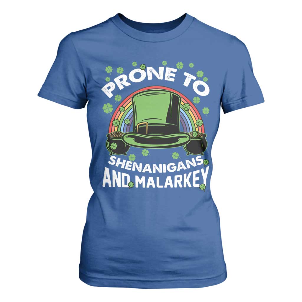 Funny St Patricks Day T Shirt For Women Prone To Shenanigans And Malarkey Leprechaun Hat Rainbow TS02 Royal Blue Print Your Wear