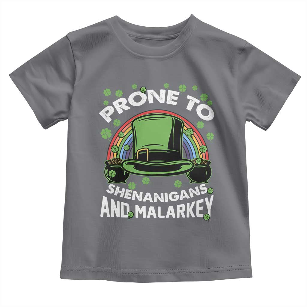 Funny St Patricks Day Toddler T Shirt Prone To Shenanigans And Malarkey Leprechaun Hat Rainbow TS02 Charcoal Print Your Wear