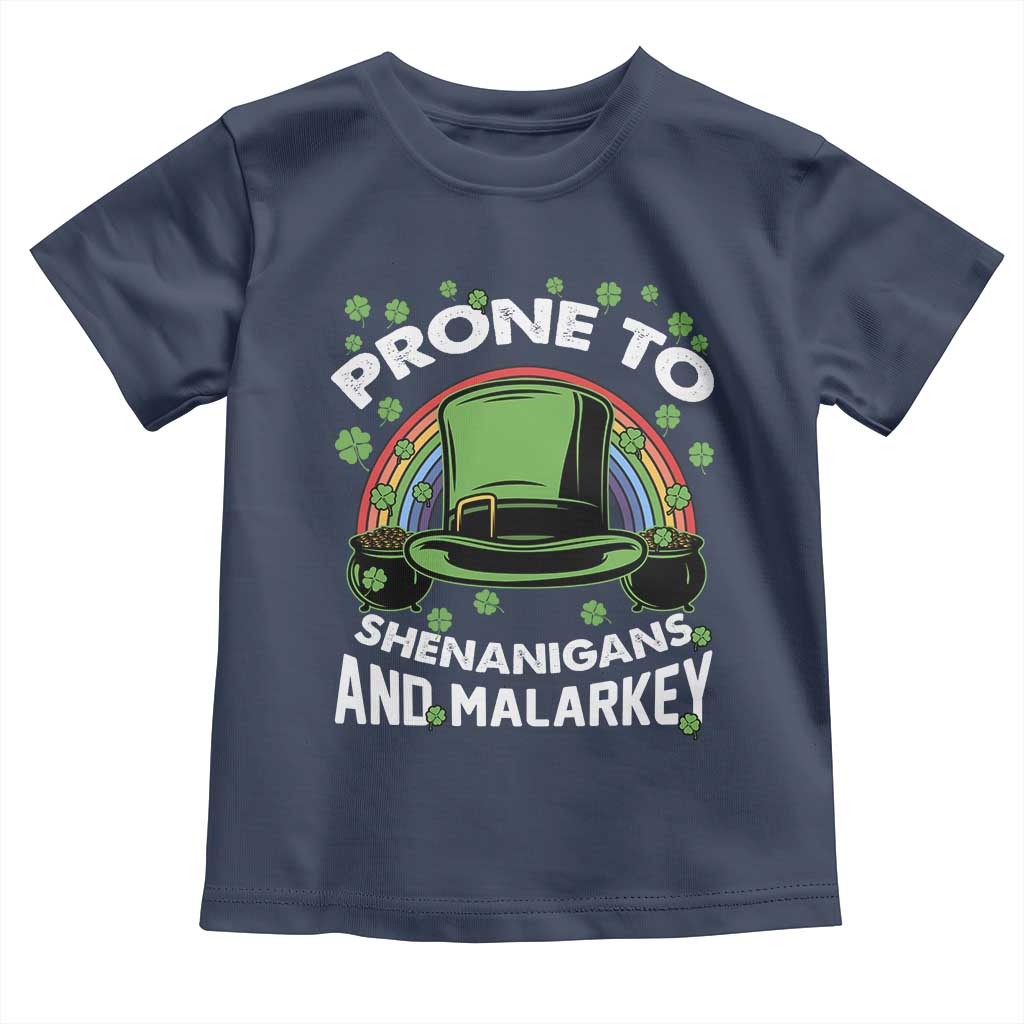 Funny St Patricks Day Toddler T Shirt Prone To Shenanigans And Malarkey Leprechaun Hat Rainbow TS02 Navy Print Your Wear