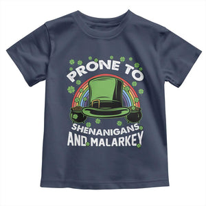 Funny St Patricks Day Toddler T Shirt Prone To Shenanigans And Malarkey Leprechaun Hat Rainbow TS02 Navy Print Your Wear