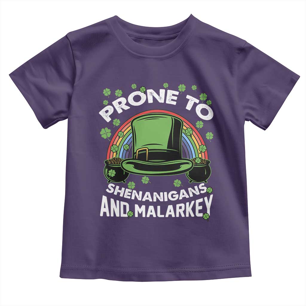 Funny St Patricks Day Toddler T Shirt Prone To Shenanigans And Malarkey Leprechaun Hat Rainbow TS02 Purple Print Your Wear
