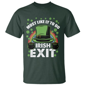 Funny St. Patricks Day Drinking T Shirt Most Likely To Do Irish Exit Leprechaun Hat Rainbow TS02 Dark Forest Green Printyourwear