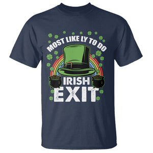 Funny St. Patricks Day Drinking T Shirt Most Likely To Do Irish Exit Leprechaun Hat Rainbow TS02 Navy Printyourwear