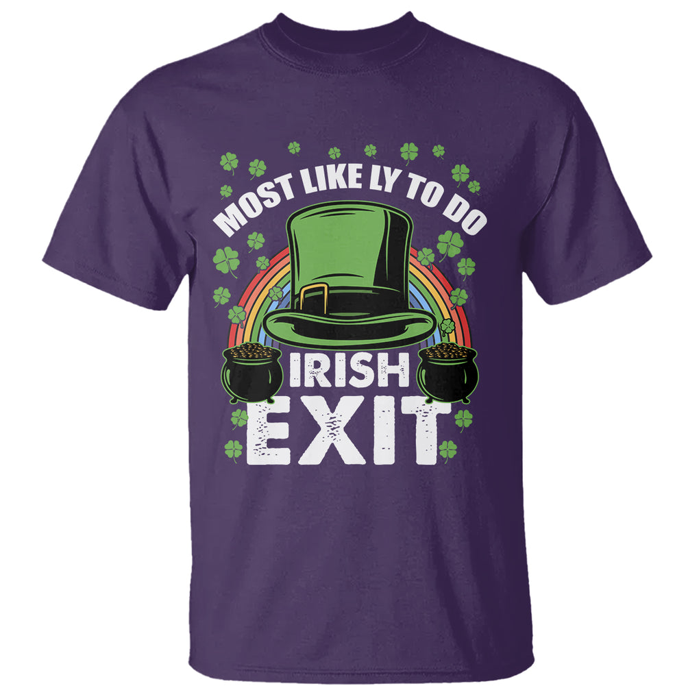 Funny St. Patricks Day Drinking T Shirt Most Likely To Do Irish Exit Leprechaun Hat Rainbow TS02 Purple Printyourwear