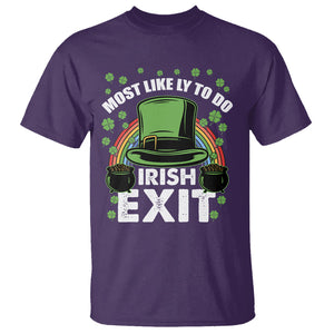 Funny St. Patricks Day Drinking T Shirt Most Likely To Do Irish Exit Leprechaun Hat Rainbow TS02 Purple Printyourwear
