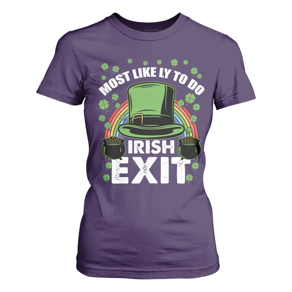 Funny St Patricks Day Drinking T Shirt For Women Most Likely To Do Irish Exit Leprechaun Hat Rainbow TS02 Purple Print Your Wear