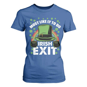 Funny St Patricks Day Drinking T Shirt For Women Most Likely To Do Irish Exit Leprechaun Hat Rainbow TS02 Royal Blue Print Your Wear