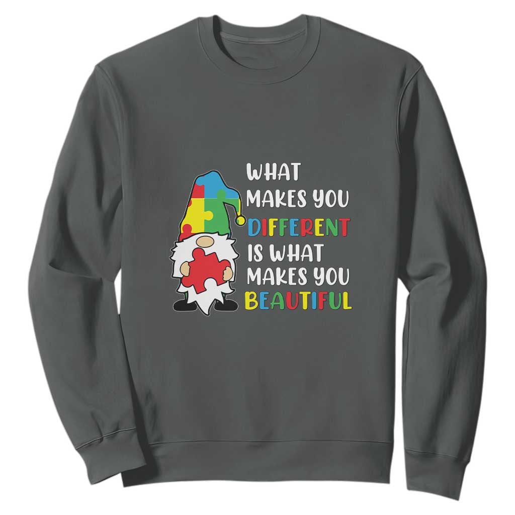 Autism Gnome Sweatshirt What Makes You Different Makes You Beautiful Puzzle Piece TS02 Dark Heather Printyourwear