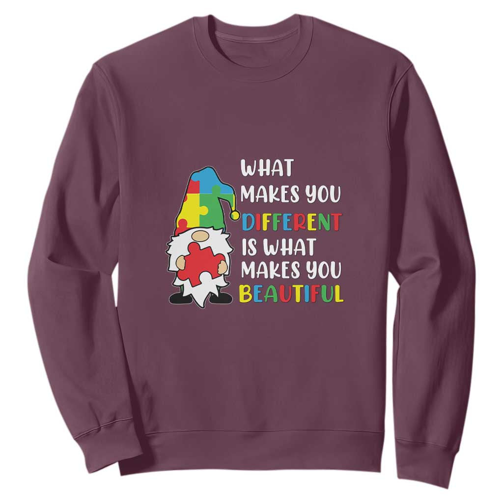 Autism Gnome Sweatshirt What Makes You Different Makes You Beautiful Puzzle Piece TS02 Maroon Printyourwear