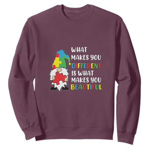 Autism Gnome Sweatshirt What Makes You Different Makes You Beautiful Puzzle Piece TS02 Maroon Printyourwear