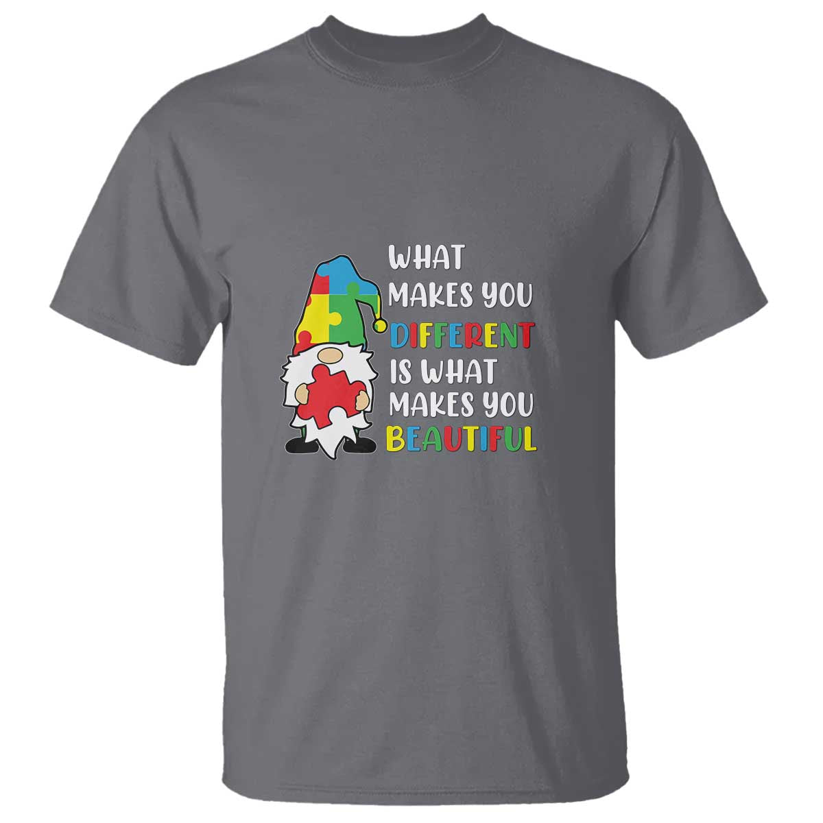 Autism Gnome T Shirt What Makes You Different Makes You Beautiful Puzzle Piece TS02 Charcoal Printyourwear