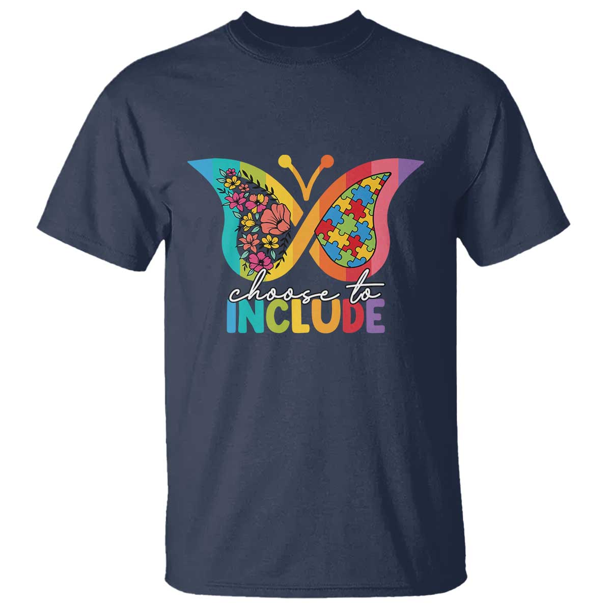Autism Acceptance T Shirt Choose To Include Spectrum Neurodiversity Floral Butterfly TS02 Navy Printyourwear