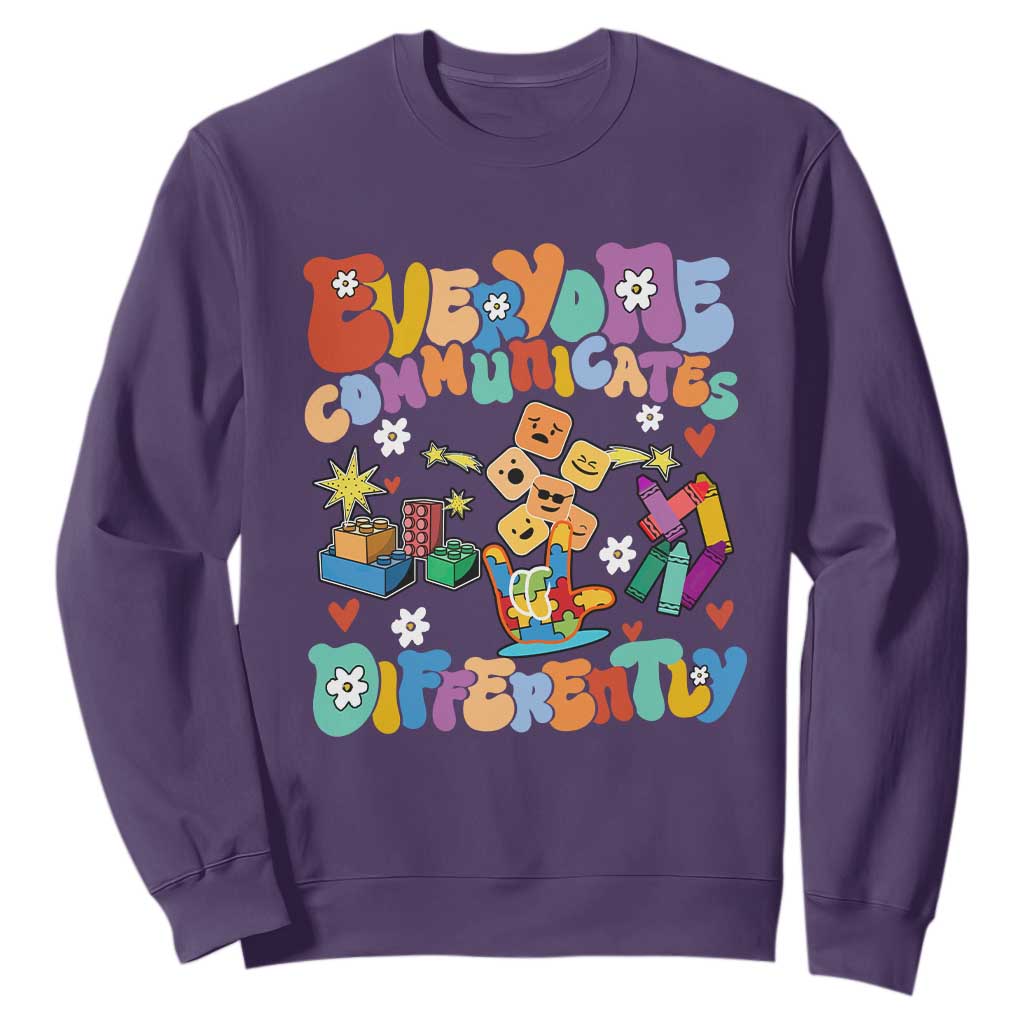Autism Acceptance Sped Teacher Sweatshirt Everyone Communicates Differently Special Education TS02 Purple Printyourwear