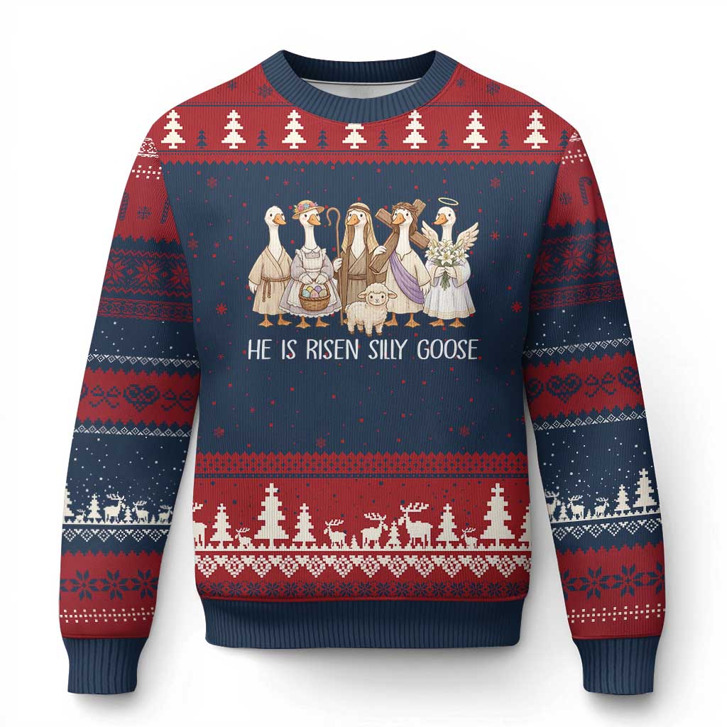 Funny Christian Easter He Is Risen Silly Goose Ugly Christmas Sweater Cute Faith-Based Geese Parody Gift with Jesus TS02 Navy Red Print Your Wear