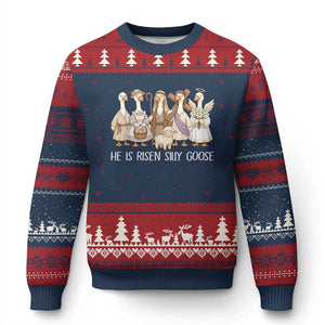 Funny Christian Easter He Is Risen Silly Goose Ugly Christmas Sweater Cute Faith-Based Geese Parody Gift with Jesus TS02 Navy Red Print Your Wear