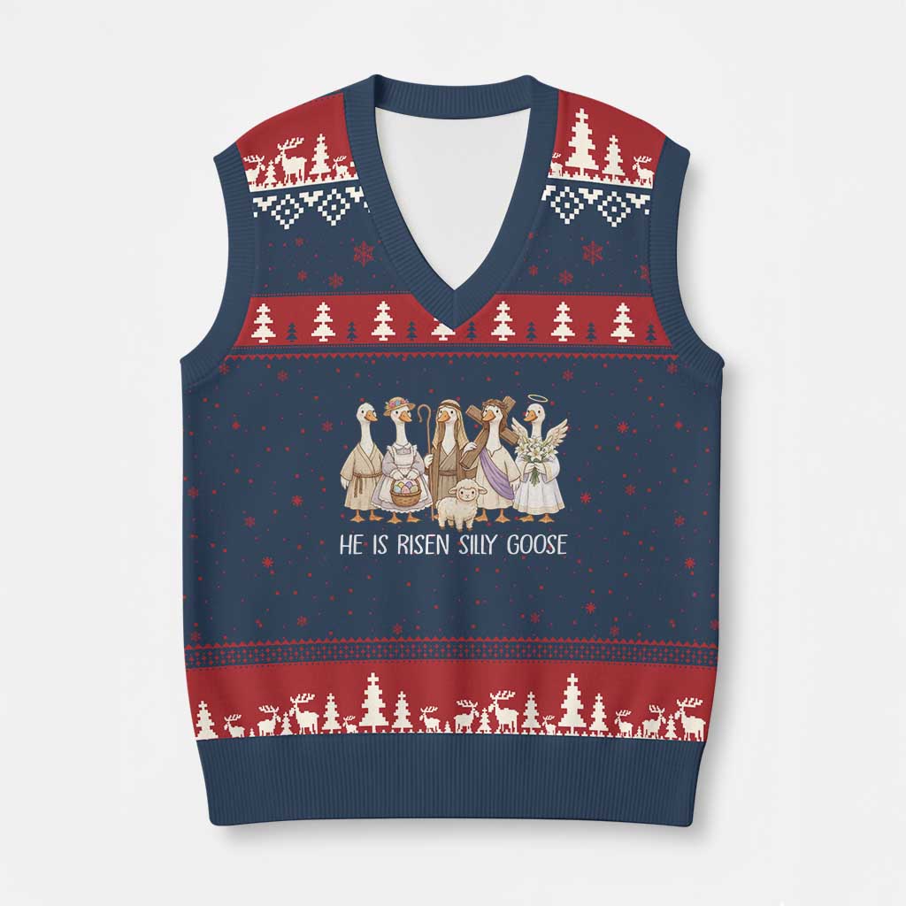 Funny Christian Easter He Is Risen Silly Goose V-Neck Knit Sweater Vest Cute Faith-Based Geese Parody Gift with Jesus TS02 Navy Red Print Your Wear