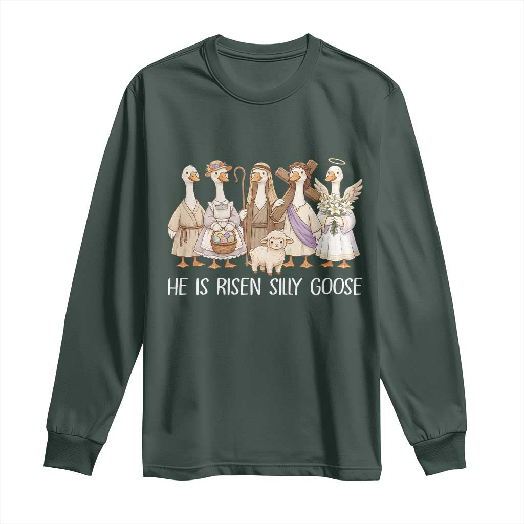 Funny Christian Easter He Is Risen Silly Goose Long Sleeve Shirt Cute Faith-Based Geese Parody Gift with Jesus TS02 Dark Forest Green Print Your Wear