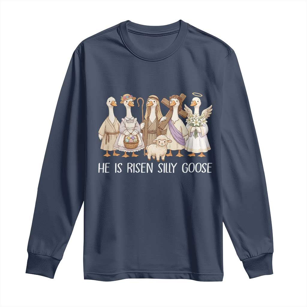 Funny Christian Easter He Is Risen Silly Goose Long Sleeve Shirt Cute Faith-Based Geese Parody Gift with Jesus TS02 Navy Print Your Wear