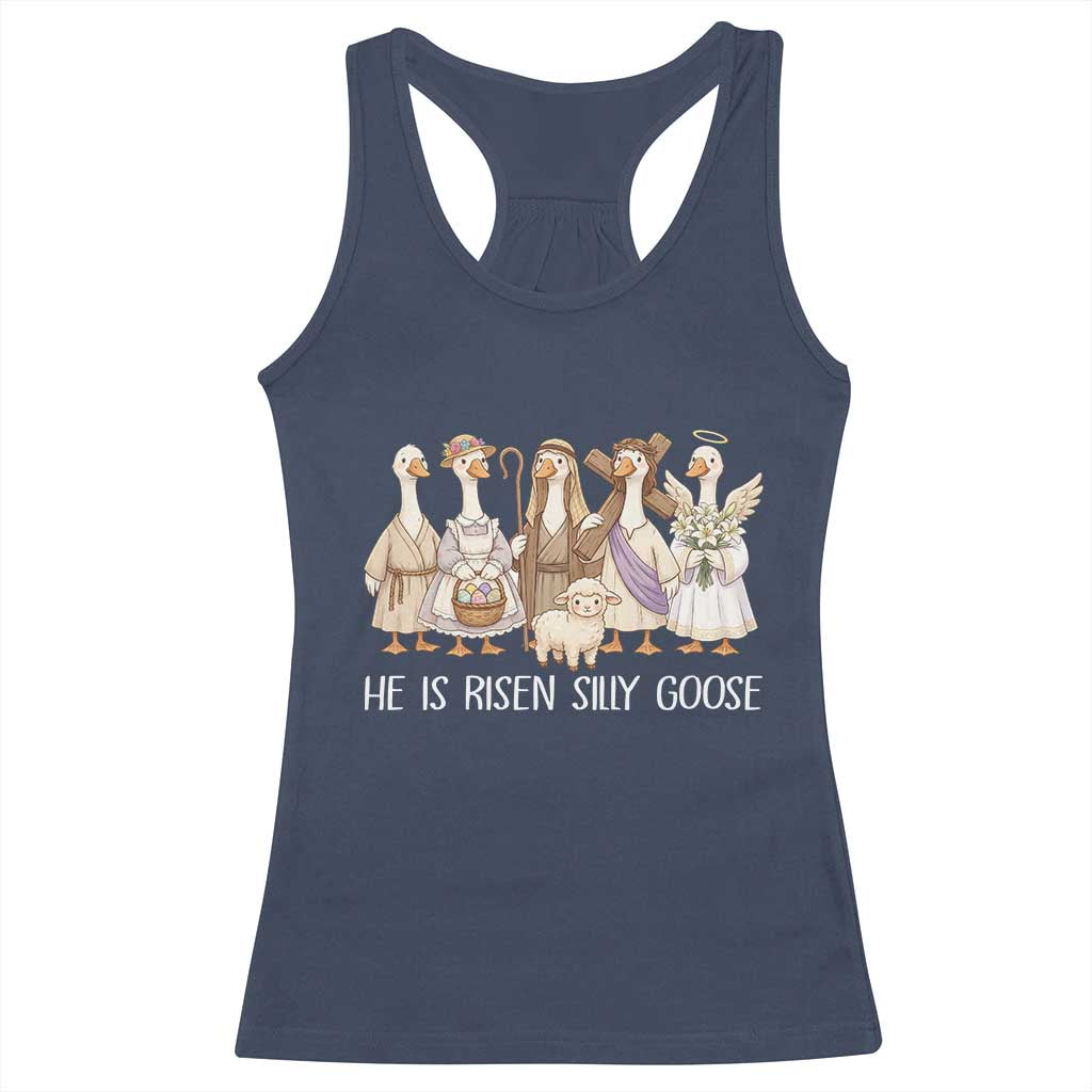 Funny Christian Easter He Is Risen Silly Goose Racerback Tank Top Cute Faith-Based Geese Parody Gift with Jesus TS02 Navy Print Your Wear