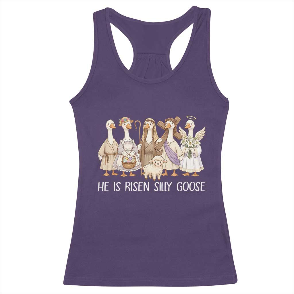 Funny Christian Easter He Is Risen Silly Goose Racerback Tank Top Cute Faith-Based Geese Parody Gift with Jesus TS02 Purple Print Your Wear