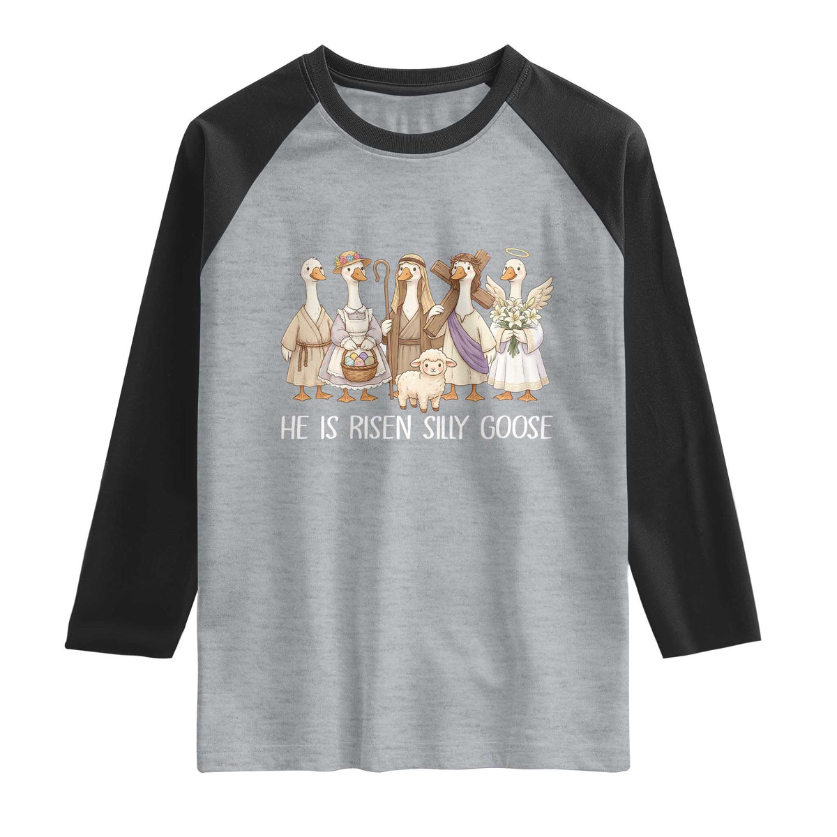 Funny Christian Easter He Is Risen Silly Goose Raglan Shirt Cute Faith-Based Geese Parody Gift with Jesus TS02 Heather Gray Black Print Your Wear