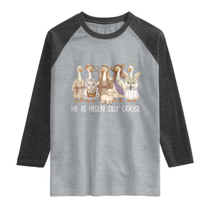 Funny Christian Easter He Is Risen Silly Goose Raglan Shirt Cute Faith-Based Geese Parody Gift with Jesus TS02 Heather Gray Heather Charcoal Print Your Wear