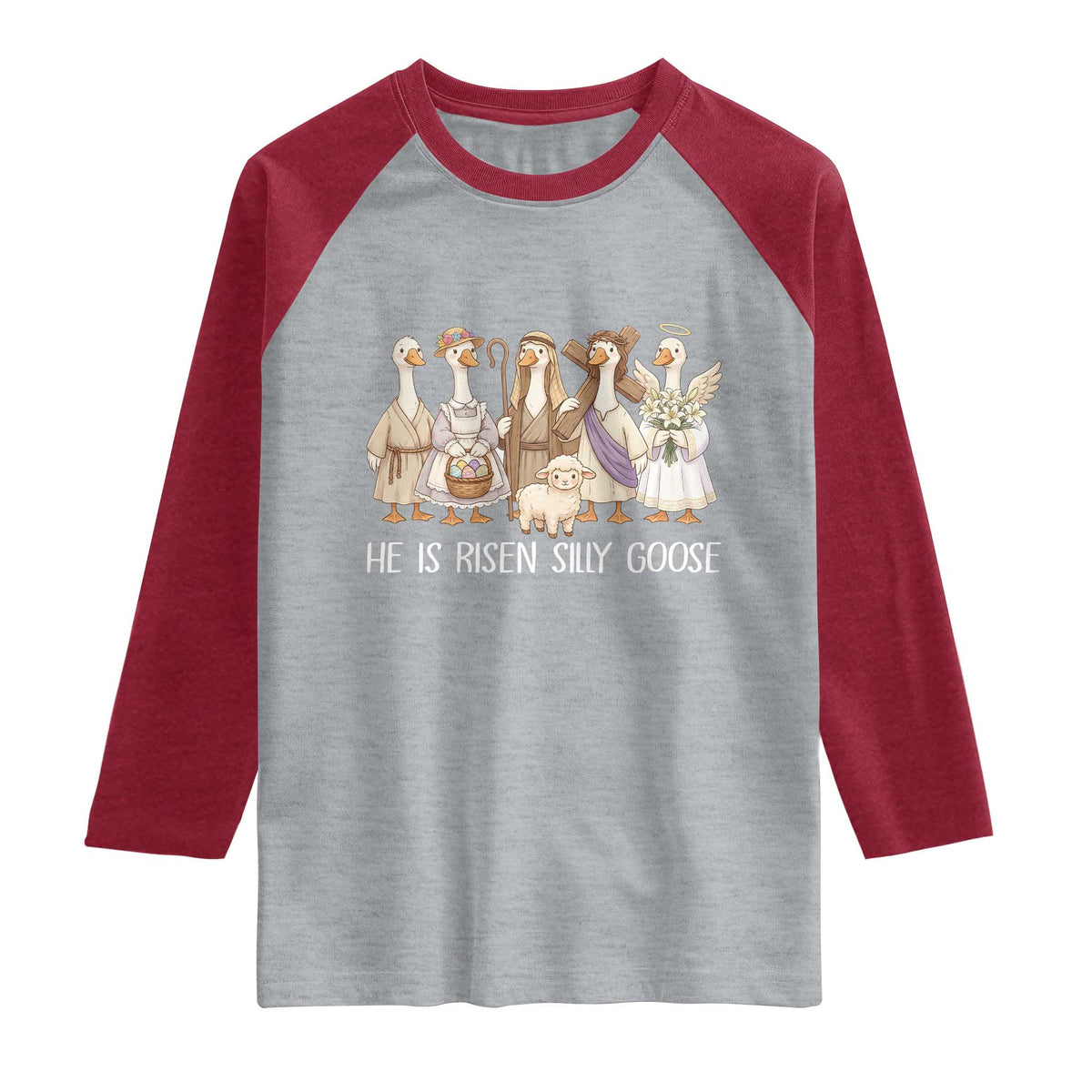 Funny Christian Easter He Is Risen Silly Goose Raglan Shirt Cute Faith-Based Geese Parody Gift with Jesus TS02 Heather Gray Heather Red Print Your Wear