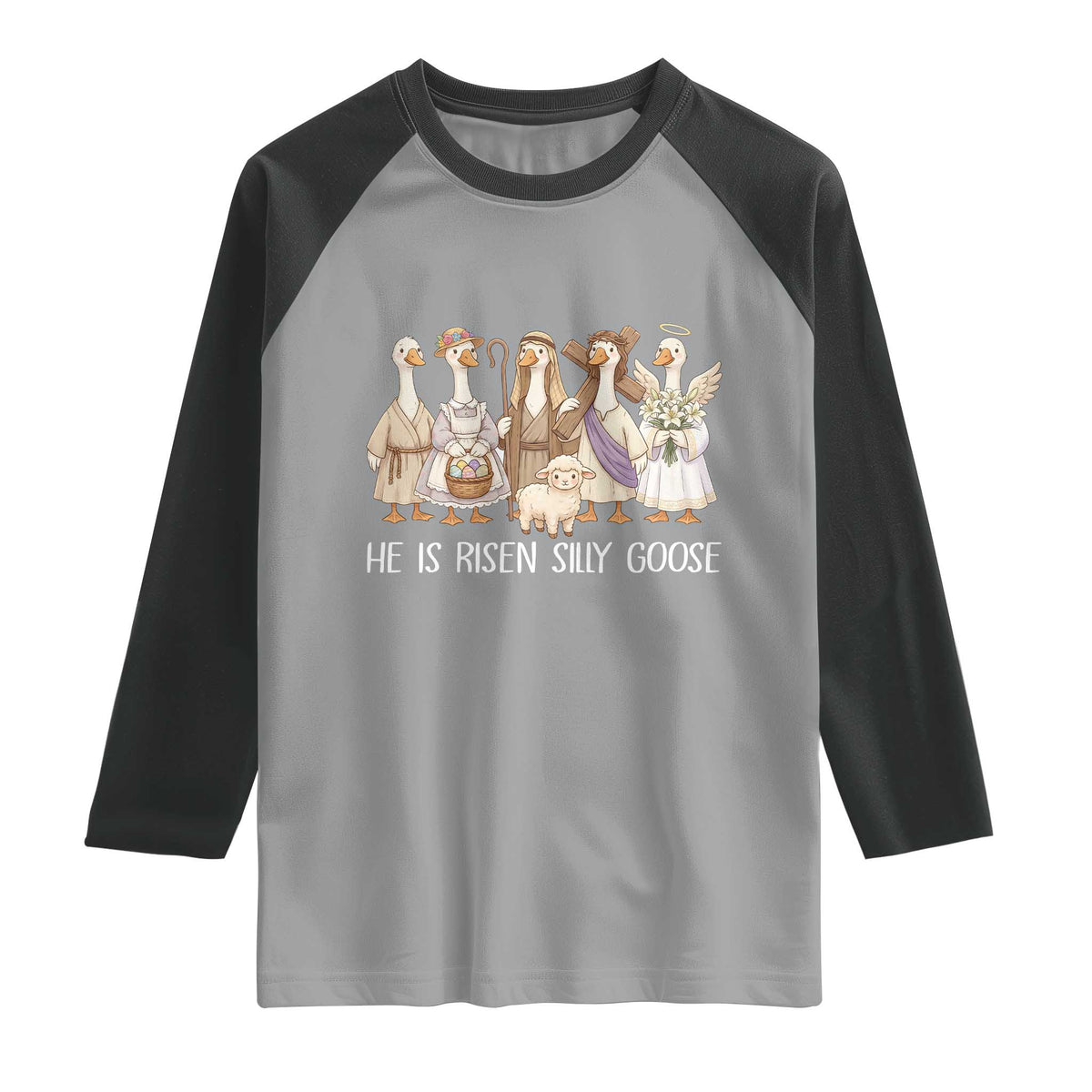 Funny Christian Easter He Is Risen Silly Goose Raglan Shirt Cute Faith-Based Geese Parody Gift with Jesus TS02 Sport Gray Black Print Your Wear