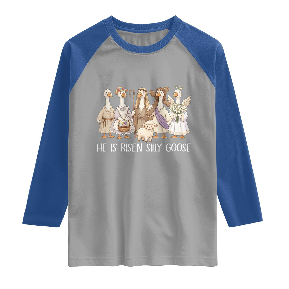 Funny Christian Easter He Is Risen Silly Goose Raglan Shirt Cute Faith-Based Geese Parody Gift with Jesus TS02 Sport Gray Royal Print Your Wear