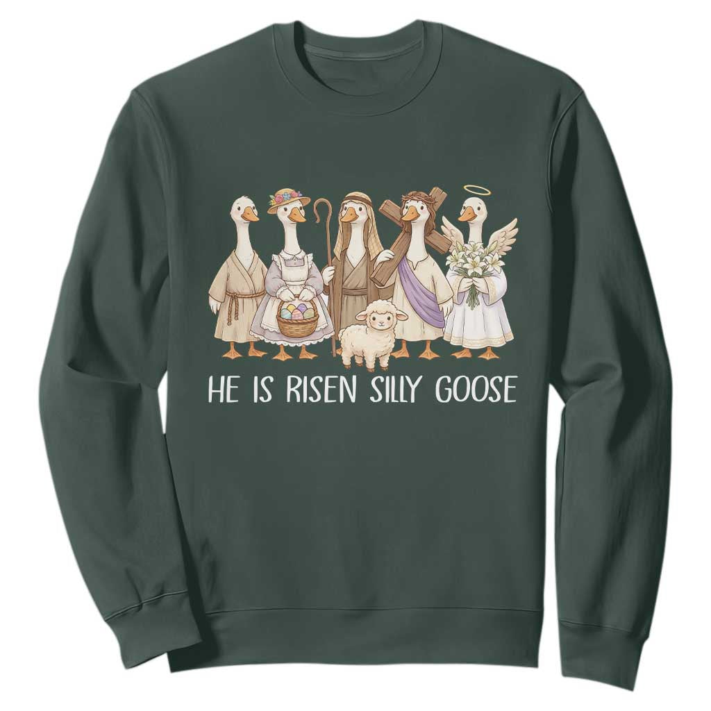Funny Christian Easter He Is Risen Silly Goose Sweatshirt Cute Faith-Based Geese Parody Gift with Jesus TS02 Dark Forest Green Print Your Wear