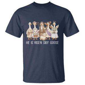Funny Christian Easter He Is Risen Silly Goose T Shirt Cute Faith-Based Geese Parody Gift with Jesus TS02 Navy Print Your Wear
