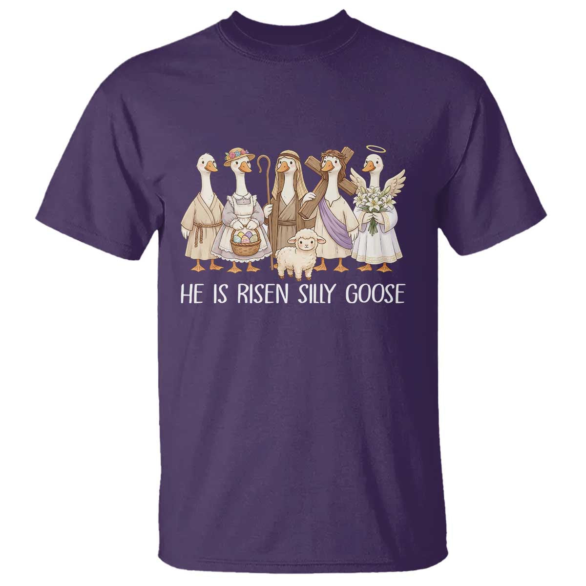 Funny Christian Easter He Is Risen Silly Goose T Shirt Cute Faith-Based Geese Parody Gift with Jesus TS02 Purple Print Your Wear