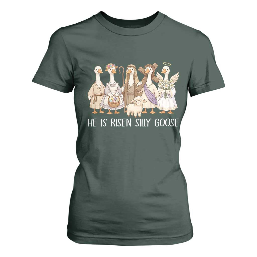 Funny Christian Easter He Is Risen Silly Goose T Shirt For Women Cute Faith-Based Geese Parody Gift with Jesus TS02 Dark Forest Green Print Your Wear