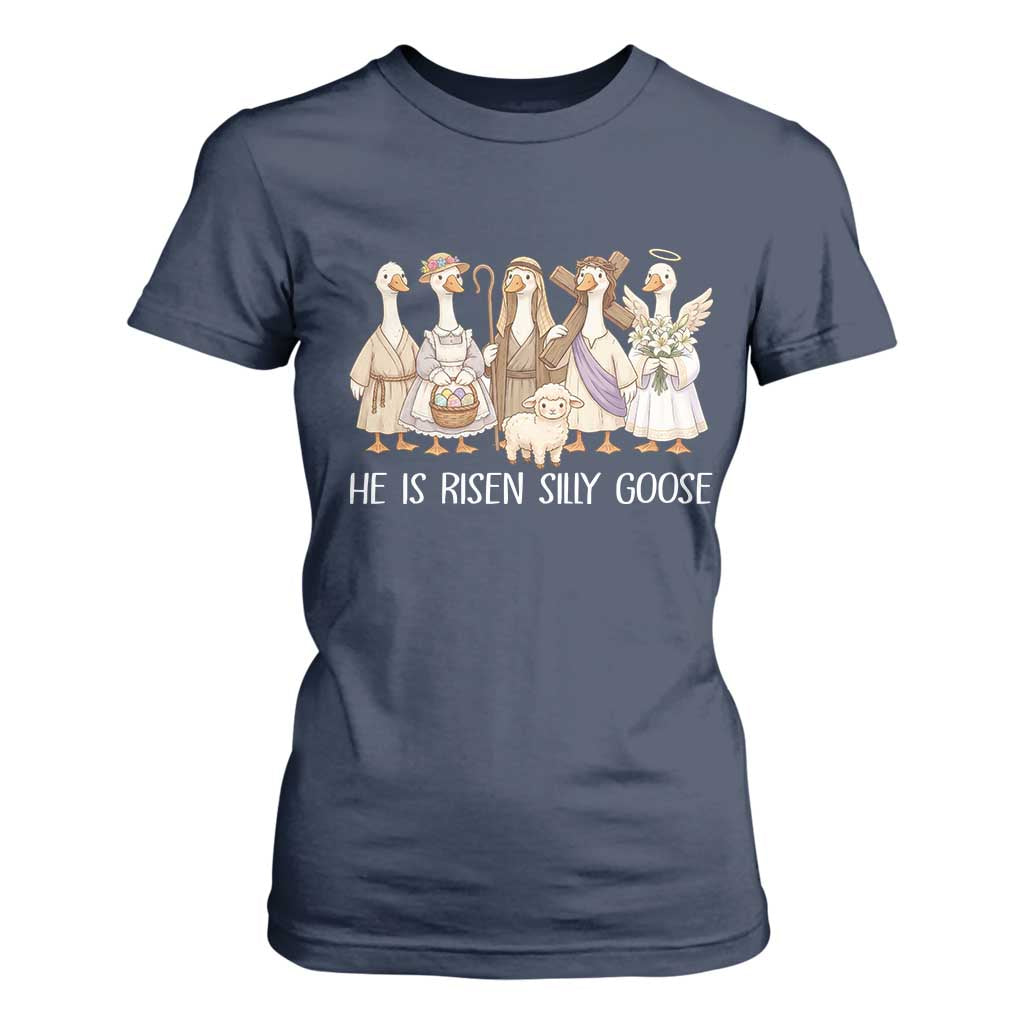Funny Christian Easter He Is Risen Silly Goose T Shirt For Women Cute Faith-Based Geese Parody Gift with Jesus TS02 Navy Print Your Wear