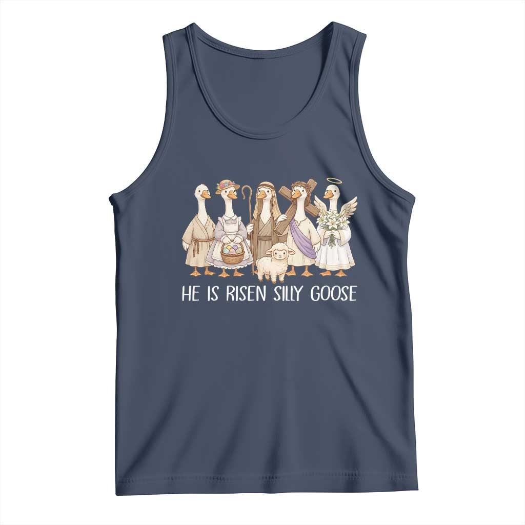 Funny Christian Easter He Is Risen Silly Goose Tank Top Cute Faith-Based Geese Parody Gift with Jesus TS02 Navy Print Your Wear