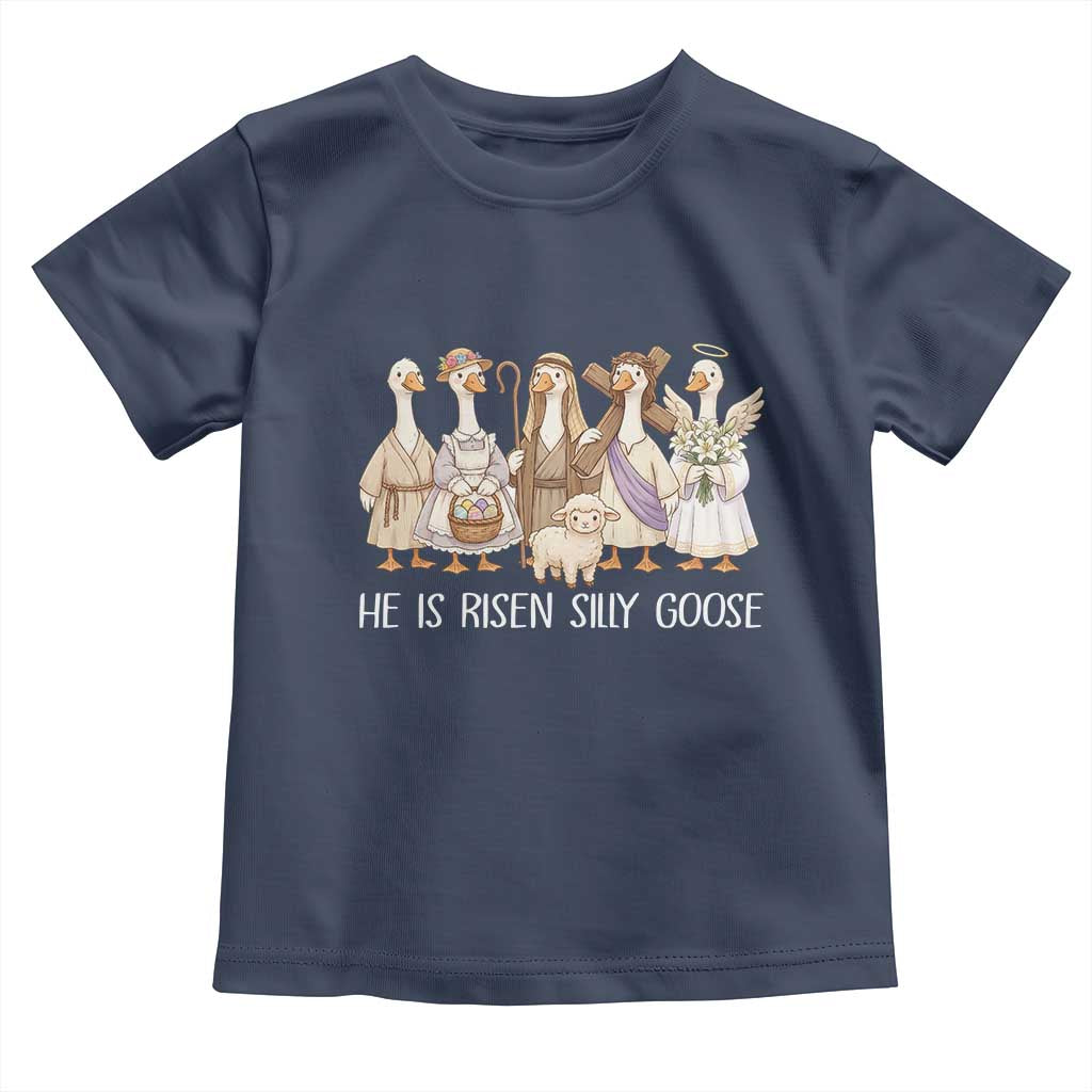 Funny Christian Easter He Is Risen Silly Goose Toddler T Shirt Cute Faith-Based Geese Parody Gift with Jesus TS02 Navy Print Your Wear