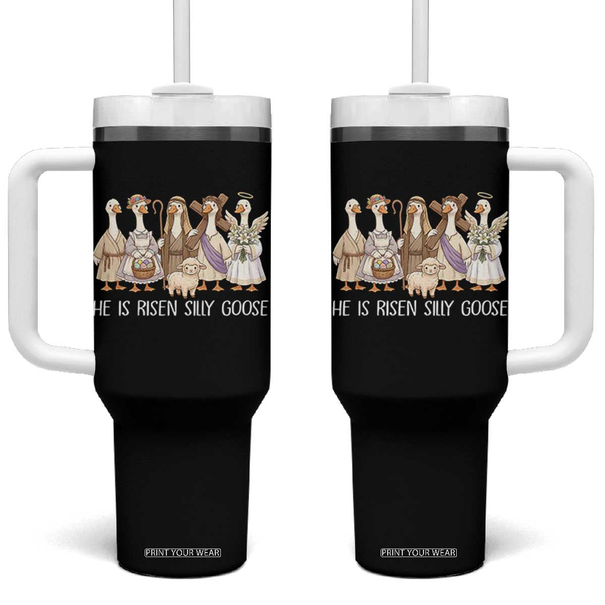 Funny Christian Easter He Is Risen Silly Goose Tumbler With Handle Cute Faith-Based Geese Parody Gift with Jesus TS02 One Size: 40 oz Black Print Your Wear
