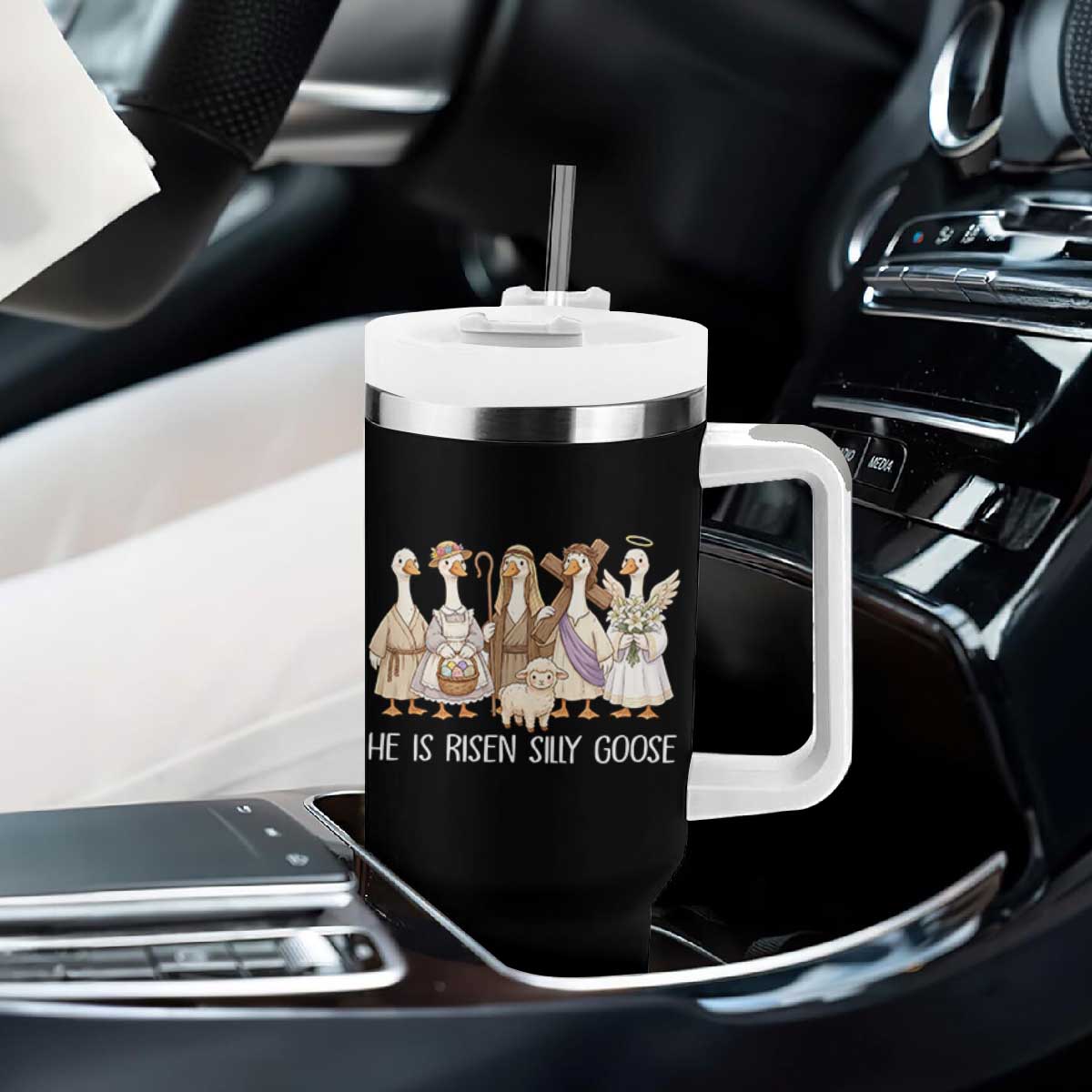 Funny Christian Easter He Is Risen Silly Goose Tumbler With Handle Cute Faith-Based Geese Parody Gift with Jesus TS02 Print Your Wear