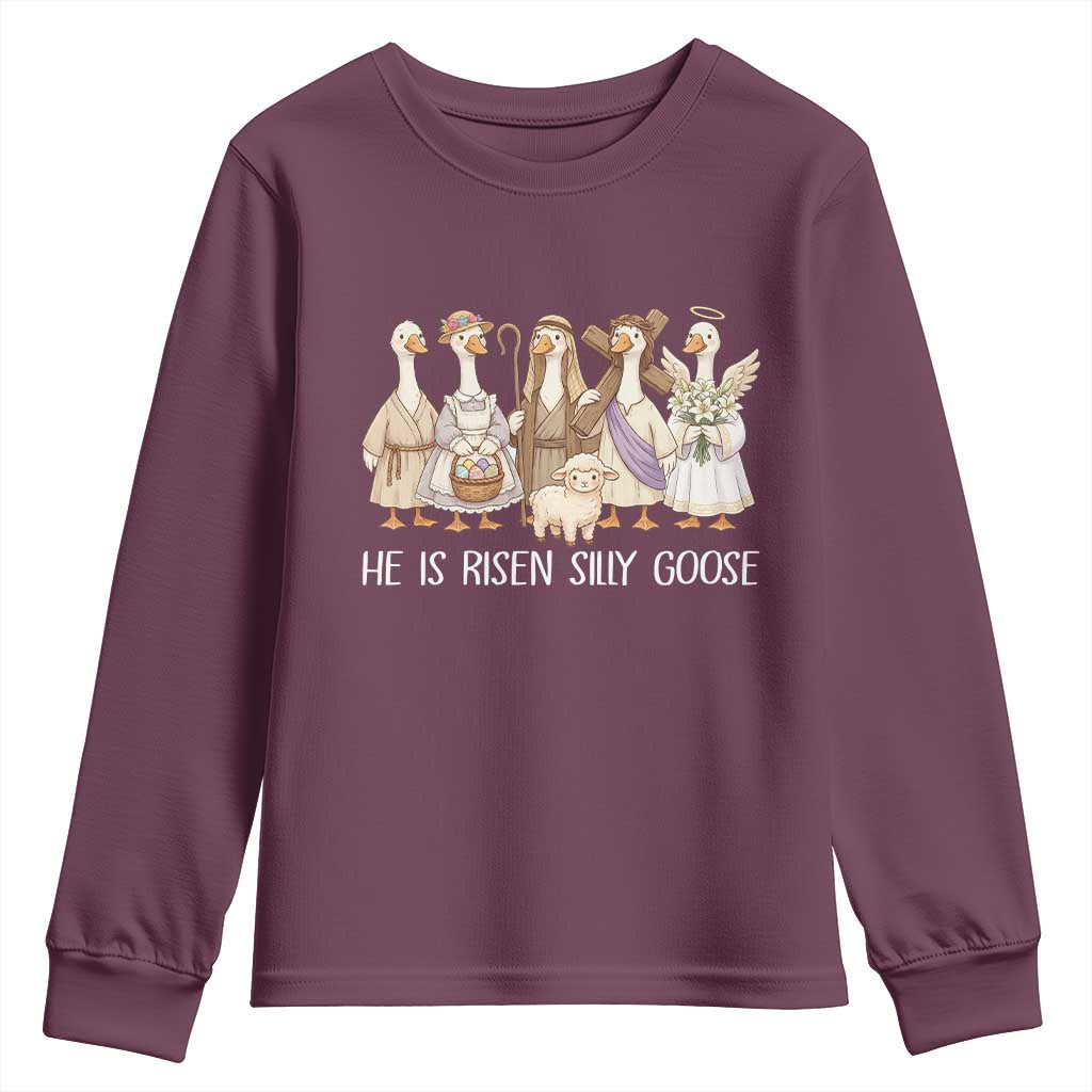 Funny Christian Easter He Is Risen Silly Goose Youth Sweatshirt Cute Faith-Based Geese Parody Gift with Jesus TS02 Maroon Print Your Wear