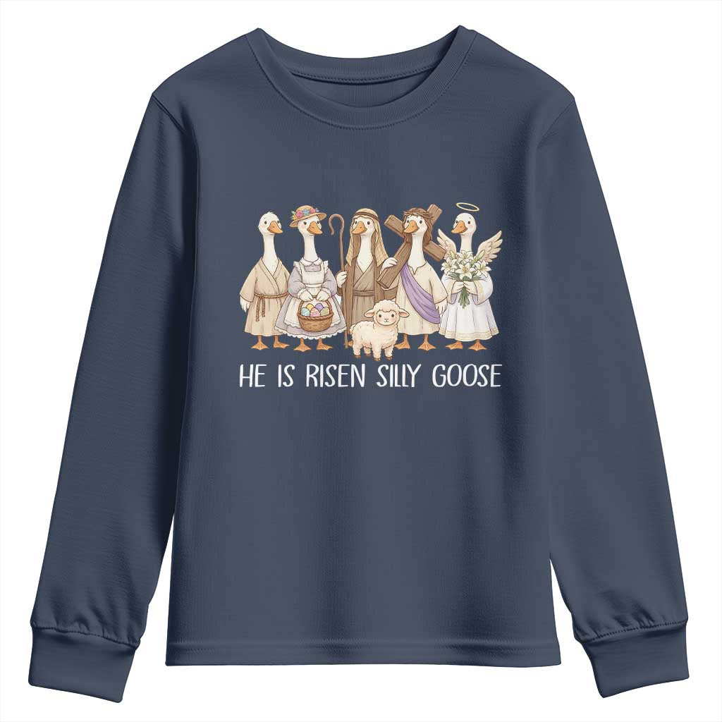 Funny Christian Easter He Is Risen Silly Goose Youth Sweatshirt Cute Faith-Based Geese Parody Gift with Jesus TS02 Navy Print Your Wear