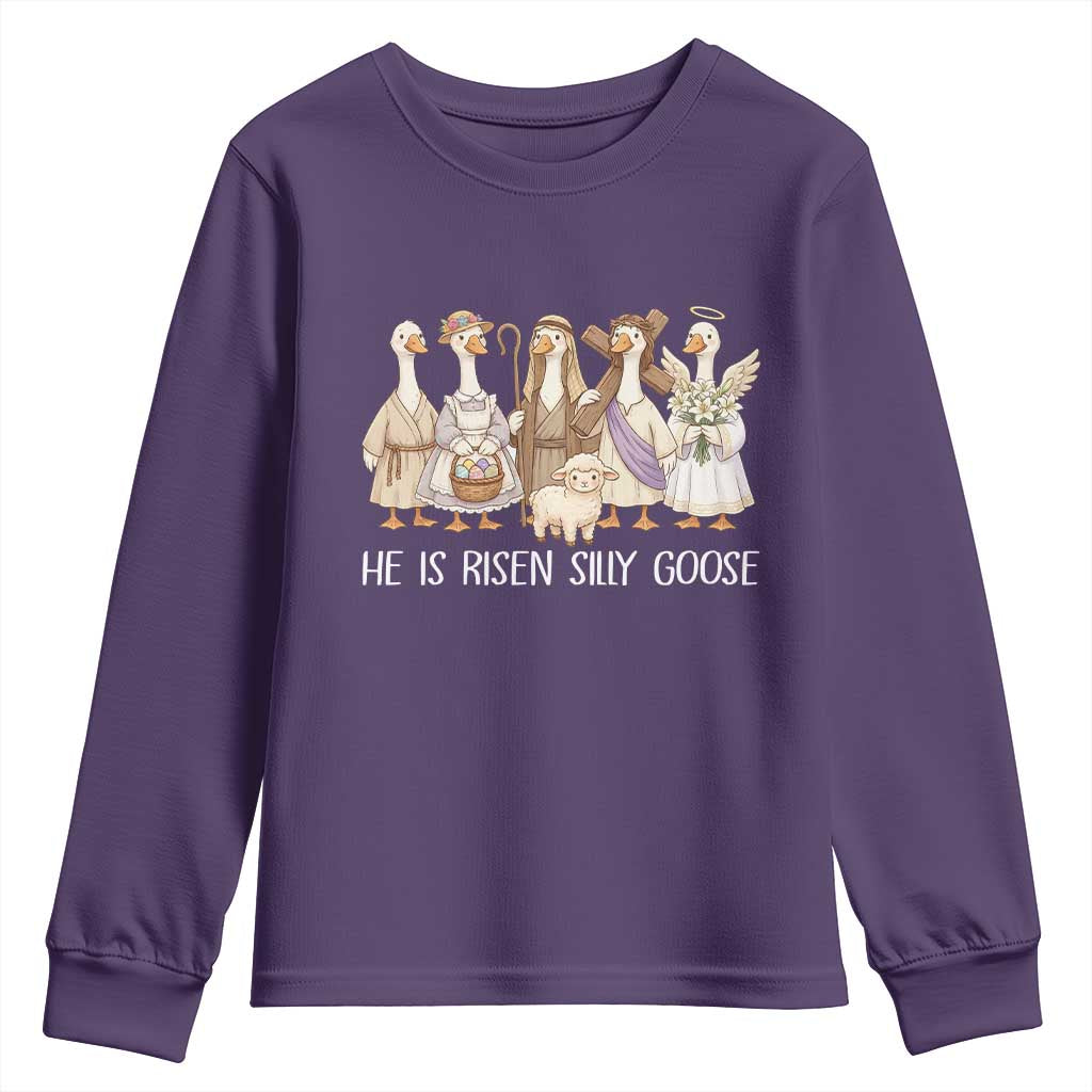 Funny Christian Easter He Is Risen Silly Goose Youth Sweatshirt Cute Faith-Based Geese Parody Gift with Jesus TS02 Purple Print Your Wear