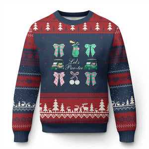 Lets Par-tee Coquette Golf Bows Ugly Christmas Sweater Preppy Pink and Green Golf Cart n Bag Golfing Lover Club TS02 Navy Red Print Your Wear