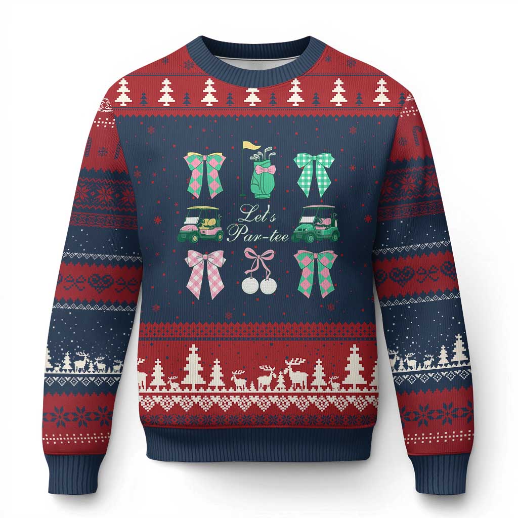 Lets Par-tee Coquette Golf Bows Ugly Christmas Sweater Preppy Pink and Green Golf Cart n Bag Golfing Lover Club TS02 Navy Red Print Your Wear
