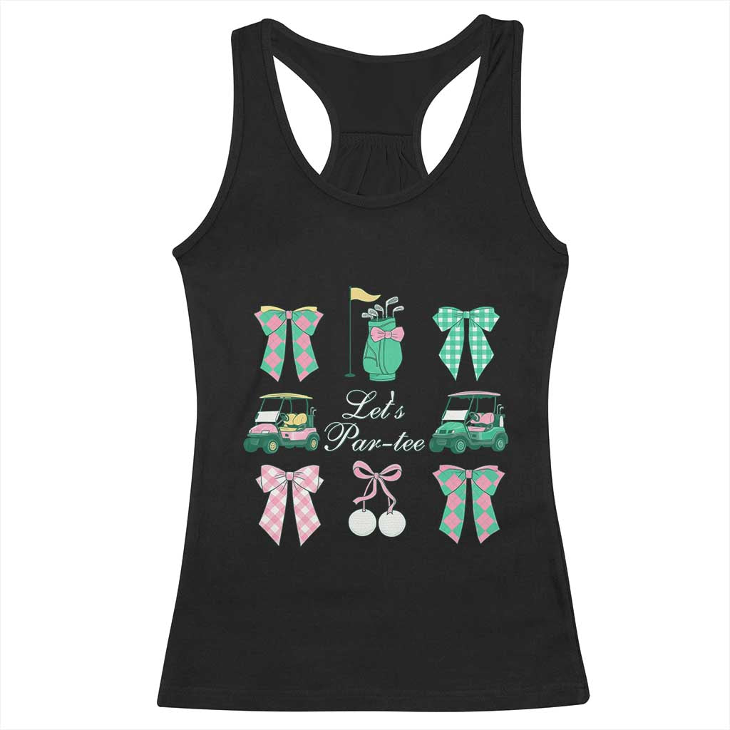 Lets Par-tee Coquette Golf Bows Racerback Tank Top Preppy Pink and Green Golf Cart n Bag Golfing Lover Club TS02 Black Print Your Wear