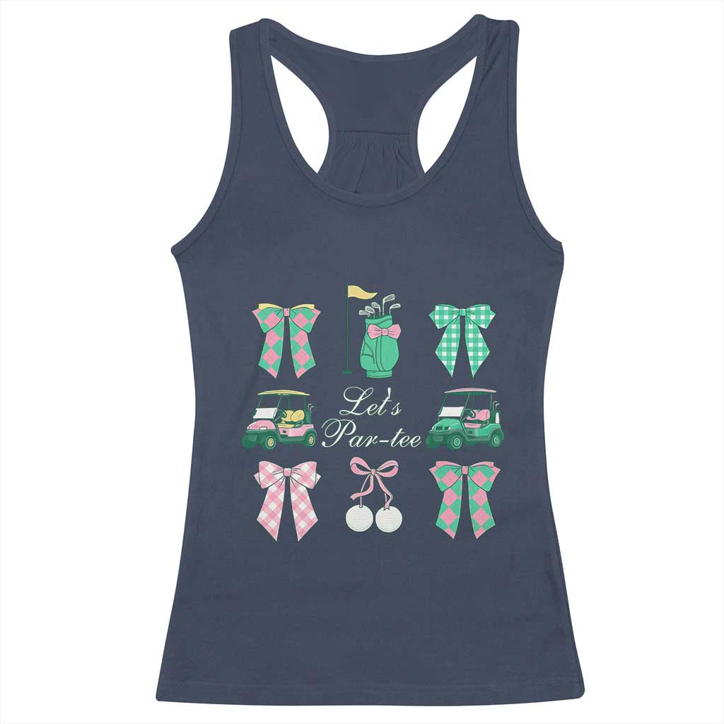 Lets Par-tee Coquette Golf Bows Racerback Tank Top Preppy Pink and Green Golf Cart n Bag Golfing Lover Club TS02 Navy Print Your Wear