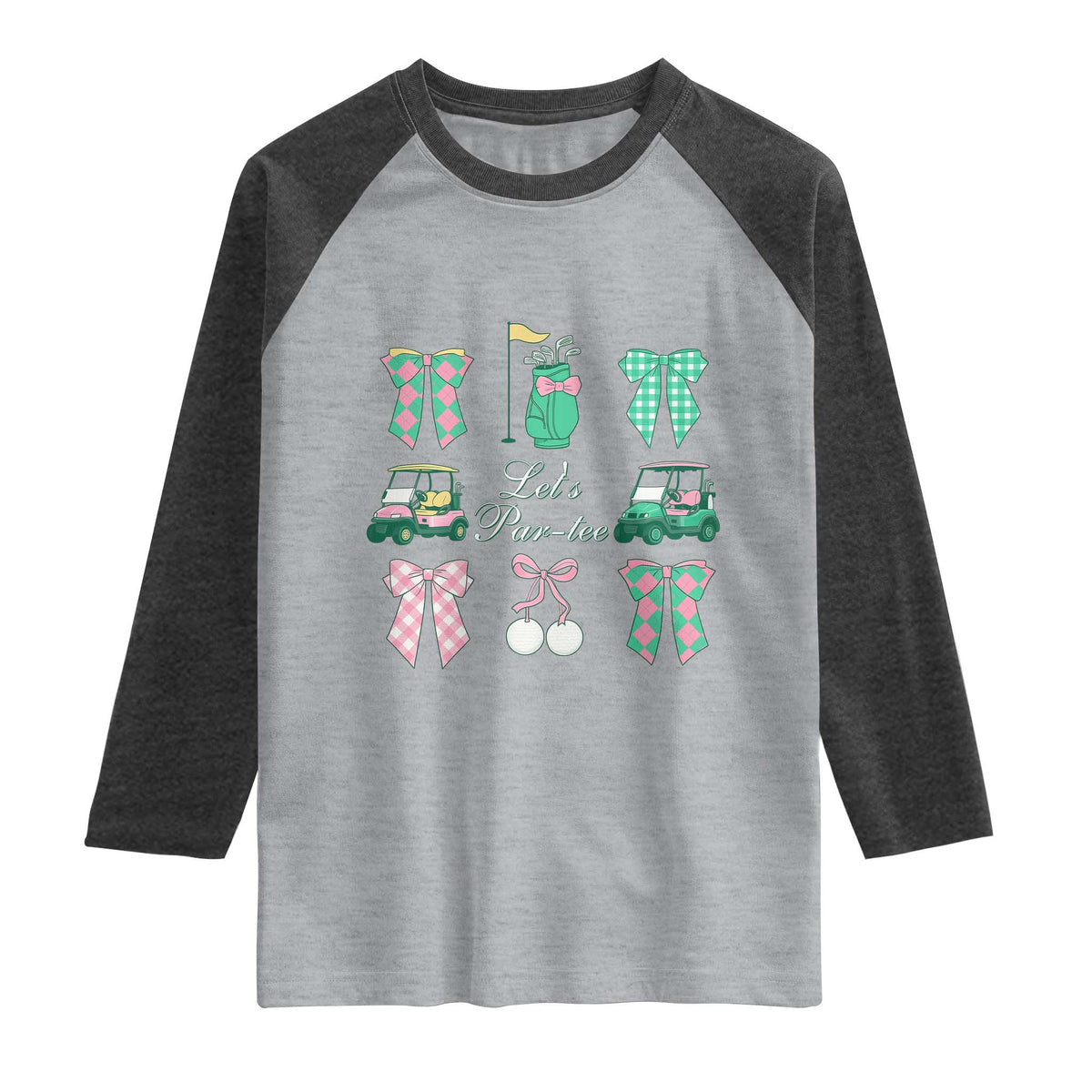 Lets Par-tee Coquette Golf Bows Raglan Shirt Preppy Pink and Green Golf Cart n Bag Golfing Lover Club TS02 Heather Gray Heather Charcoal Print Your Wear