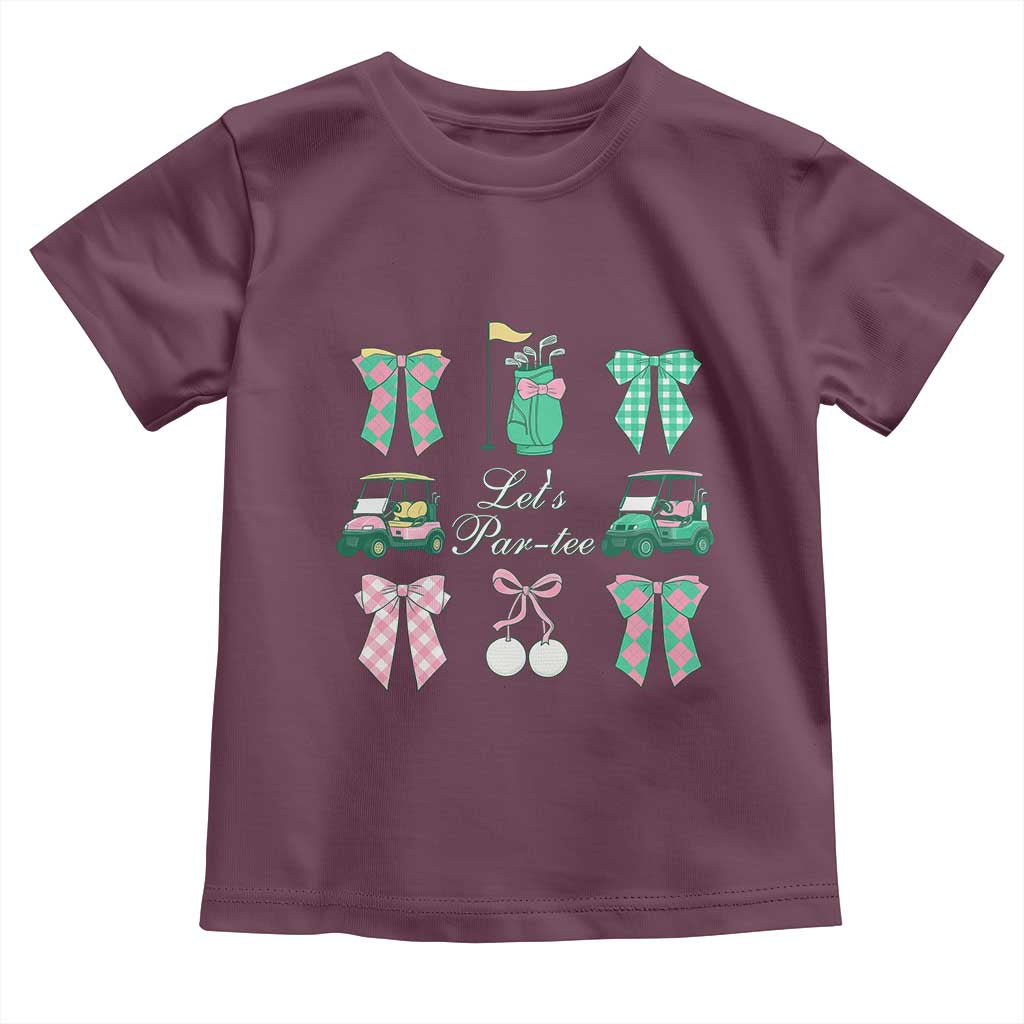 Lets Par-tee Coquette Golf Bows Toddler T Shirt Preppy Pink and Green Golf Cart n Bag Golfing Lover Club TS02 Maroon Print Your Wear