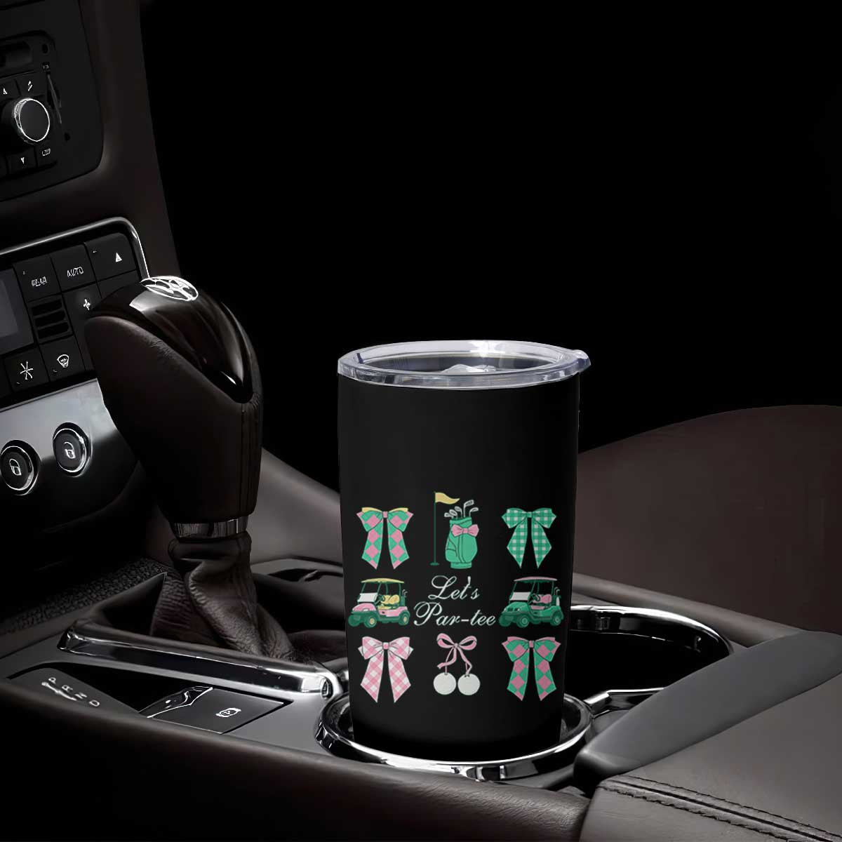Lets Par-tee Coquette Golf Bows Tumbler Cup Preppy Pink and Green Golf Cart n Bag Golfing Lover Club TS02 Print Your Wear