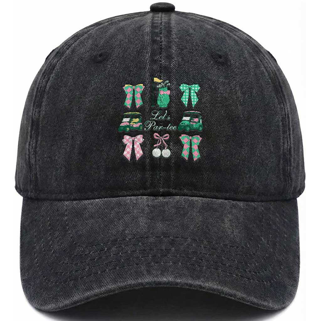 Lets Par-tee Coquette Golf Bows Washed Cotton Baseball Cap Preppy Pink and Green Golf Cart n Bag Golfing Lover Club TS02 Print Your Wear